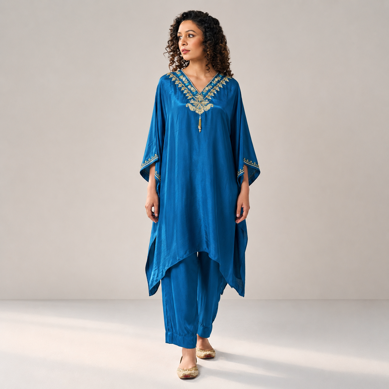 Teal Blue Embroidered Kaftan Set with Relaxed Pants